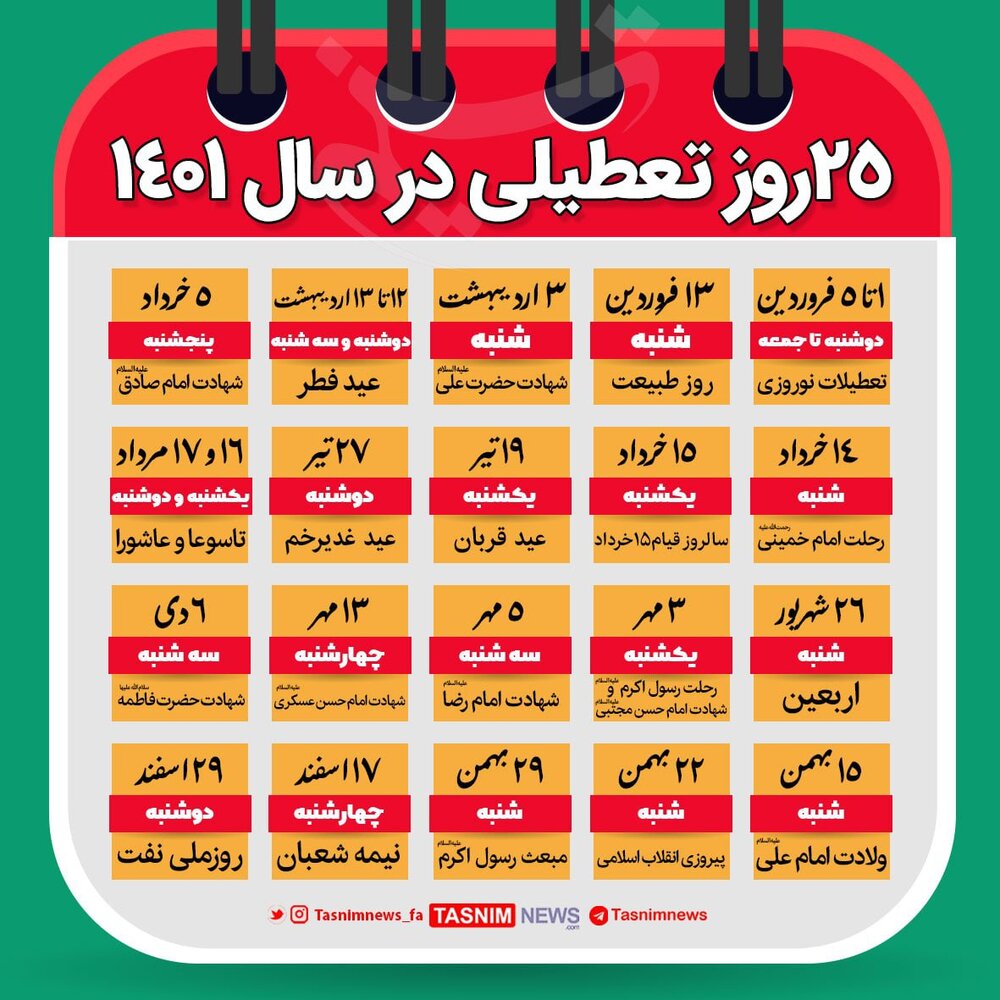 ۱۴۰۱ چند روز تعطیلی دارد؟