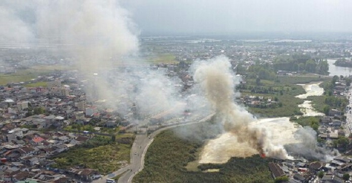 آتش سوزی در تالاب عینک رشت آتش سوزی