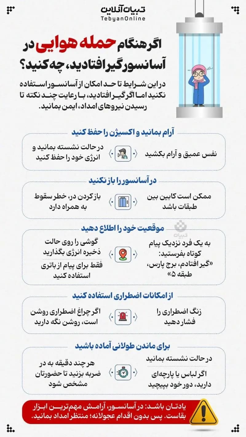 اینفوگرافی/ اگر هنگام حمله هوایی در آسانسور گیر افتادیم چه کنیم؟